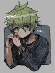 Rule 34 | 1boy, amami rantaro, bad id, bad pixiv id, closed mouth, cropped torso, danganronpa (series), danganronpa v3: killing harmony, ear piercing, earrings, green eyes, green hair, grey background, hair between eyes, hands up, highres, jewelry, kara aren, looking at viewer, male focus, multicolored background, necklace, own hands together, piercing, shirt, short hair, smile, solo, striped clothes, striped shirt, translated, upper body