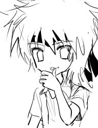 Rule 34 | 1other, androgynous, atoymk, collared shirt, greyscale, headband, kurohebi, layered shirt, len&#039;en, medium hair, monochrome, open clothes, open shirt, other focus, shirt, short sleeves, simple background, sketch, solo, tongue, tongue out, upper body, white background