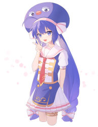 Rule 34 | 1girl, arm behind back, blue eyes, blue hair, blue hat, blue shirt, buttons, cropped legs, eel hat, fang, frilled skirt, frills, hair between eyes, hat, highres, large hat, long hair, looking at viewer, low-braided long hair, low-tied long hair, low twintails, necktie, open mouth, otomachi una, otomachi una (sugar), pink trim, red necktie, sailor collar, shirt, short sleeves, skirt, smile, solo, suiso sn3, twintails, v, very long hair, vocaloid, white background, white sailor collar, white skirt
