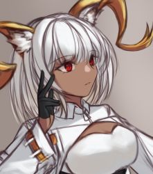 Rule 34 | 1girl, absurdres, animal ears, arknights, black gloves, breasts, brown background, carnelian (arknights), cleavage, gloves, goat ears, goat horns, gradient background, highres, horns, kiwicci, large breasts, long sleeves, looking afar, looking away, parted lips, red eyes, short hair, shrug (clothing), solo, underbust, upper body, white hair