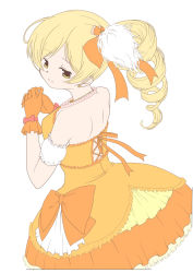 Rule 34 | 10s, 1girl, 2channel, alternate costume, alternate hairstyle, bare shoulders, blonde hair, bow, bubble skirt, dress, drill hair, earrings, feathers, frills, gloves, green eyes, hair ribbon, idol, jewelry, looking at viewer, looking back, mahou shoujo madoka magica, mahou shoujo madoka magica (anime), miniskirt, necklace, official style, own hands clasped, own hands together, ribbon, side ponytail, simple background, skirt, sleeveless, smile, solo, tomoe mami, white background