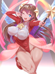 Rule 34 | 1girl, blue eyes, brown hair, covered erect nipples, groin, hair ribbon, heaven dancer, highres, holding, holding wand, kous (onetwojustice), leotard, long hair, looking at viewer, one eye closed, open mouth, red footwear, red ribbon, ribbon, saga, saga frontier, shoes, solo, star (symbol), teeth, upper teeth only, very long hair, wand, white wings, wings