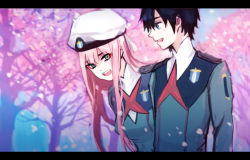Rule 34 | 10s, 1boy, 1girl, beret, black hair, blue eyes, blush, couple, darling in the franxx, green eyes, hat, hiro (darling in the franxx), horns, letterboxed, long hair, looking at another, military, military uniform, nakadai chiaki, necktie, oni horns, pink hair, red neckwear, short hair, uniform, zero two (darling in the franxx)