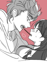 Rule 34 | 1boy, 1girl, blush, eye contact, greyscale with colored background, hetero, highres, incoming pocky kiss, long hair, looking at another, miyao nemu, open mouth, pink background, upper body, witch watch, wolf (witch watch), yoshitaka (palooo)