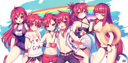 Rule 34 | 3boys, 3girls, ao jun, ball, beachball, belt, bikini, black bikini, bracelet, braid, breasts, brother and sister, choker, clothes writing, elesis (elsword), elsword, elsword (character), gradient background, grin, half updo, handheld game console, hood, hoodie, hose, innertube, jewelry, large breasts, long hair, low-tied long hair, multiple boys, multiple girls, multiple persona, name tag, navel, necklace, old school swimsuit, one-piece swimsuit, one eye closed, pants, playstation portable, red eyes, red hair, school swimsuit, shirt, shorts, siblings, sleeveless, sleeveless shirt, smile, swim ring, swimsuit, topless male, upper body