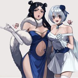 Rule 34 | 2girls, alternate costume, bare shoulders, bell, black eyes, black hair, blue choker, blue dress, breasts, brown eyes, cat, center opening, choker, cleavage, clenched hand, clothing cutout, collarbone, dress, elbow gloves, eyeshadow, fairy tail, gloves, grey hair, hair between eyes, hand up, index finger raised, jewelry, large breasts, lips, lipstick, long dress, long hair, looking at viewer, makeup, minerva orlando, multiple girls, navel, navel cutout, neck, necklace, off-shoulder dress, off shoulder, open mouth, red lips, short dress, short hair, side slit, smile, standing, straight hair, strapless, strapless dress, white dress, yukino aguria