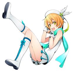 Rule 34 | 10s, 1girl, bad id, bad pixiv id, bare shoulders, blush, boots, cross-laced footwear, fingerless gloves, gloves, hat, hoshizora rin, knee boots, lace-up boots, looking at viewer, love live!, love live! school idol project, nnyu, open mouth, orange hair, scarf, shoe soles, short hair, skirt, sleeveless, smile, socks, solo, wonderful rush, yellow eyes