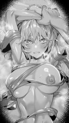 Rule 34 | 1boy, 1girl, absurdres, ahoge, armpits, blonde hair, blush, breasts, fate/grand order, fate (series), fujimaru ritsuka (male), greyscale, highres, holding another&#039;s wrist, hxd, jeanne d&#039;arc alter (fate), large breasts, looking at viewer, monochrome, naked ribbon, navel, nipples, nude, pov, ribbon, short hair, sweat, tears