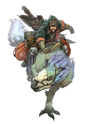 Rule 34 | 1boy, armor, armored dress, backpack, bag, beard, bird, black hair, blue feathers, cathiane, facial hair, feathers, giant, gloves, green eyes, highres, hunting, male focus, monster, monster hunter (character), monster hunter (series), monster hunter wilds, nail, rope, running, short hair, simple background, sword, walking, weapon