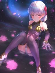 Rule 34 | 1girl, armlet, armor, bare shoulders, bikini armor, blush, bracelet, breasts, collar, detached sleeves, dress, earrings, fate/grand order, fate (series), floral print, flower, hair ribbon, highres, jewelry, kama (fate), kama (first ascension) (fate), knees together feet apart, looking at viewer, lotus, metal collar, miniskirt, otsukemono, pelvic curtain, pink ribbon, purple dress, purple skirt, purple sleeves, purple thighhighs, red eyes, red ribbon, ribbon, ring, short hair, silver hair, sitting, skirt, small breasts, thighhighs, thighlet, thighs