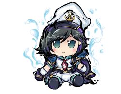 Rule 34 | 1girl, anchor hat ornament, anchor print, anchor symbol, aqua eyes, aqua sailor collar, belt, black belt, black footwear, black hair, black jacket, blush, chibi, commentary, english commentary, fumo (doll), gloves, hat, hat ornament, highres, hishaku, jacket, jacket on shoulders, lis (lislisette), looking at viewer, murasa minamitsu, neckerchief, no nose, official style, outline, pants, red neckerchief, sailor, sailor collar, sailor hat, sailor shirt, shirt, short hair, signature, simple background, sitting, smile, solo, sunken fossil world, swept bangs, tokiame (style), touhou, water, white background, white gloves, white hat, white pants