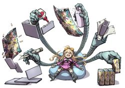Rule 34 | 1girl, antenna hair, black footwear, black gloves, blonde hair, blouse, boots, box, breasts, closed eyes, commentary request, cutting, danganronpa (series), danganronpa v3: killing harmony, drooling, extra arms, fingerless gloves, gloves, glue, goggles, goggles on head, hinata hajime, holding, iruma miu, knee boots, knife, komaeda nagito, large breasts, long hair, lying, mechanical arms, mechanical parts, o-ring, o-ring bottom, on back, open mouth, photo (object), pink shirt, pink skirt, saliva, shirt, simple background, skirt, sleeping, solo, teeth, thighhighs, upper teeth only, white background, youko-shima