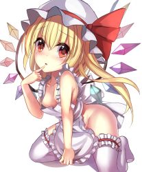 Rule 34 | 1girl, :o, apron, blonde hair, breasts, finger to mouth, flandre scarlet, hat, hat ribbon, heart, heart-shaped pupils, highres, janne cherry, kneeling, looking at viewer, mob cap, naked apron, red eyes, red ribbon, ribbon, side ponytail, simple background, small breasts, solo, symbol-shaped pupils, thighhighs, touhou, white background, white thighhighs, wings