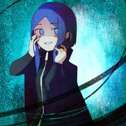 Rule 34 | 1other, black coat, black shirt, black tears, blue background, blue eyes, blue hair, coat, crazy eyes, crazy smile, hand in own hair, hands on own face, highres, library of ruina, looking to the side, medium hair, open clothes, open coat, pale skin, porccu 200g, project moon, shirt, sidelocks, smile, solo, the bookhunter