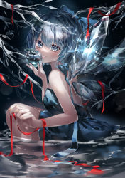 Rule 34 | 1girl, absurdres, alternate costume, blue bow, blue dress, blue eyes, blue hair, blush, bow, cirno, dress, fairy, hair between eyes, hair bow, highres, ice, ice wings, open mouth, partially submerged, short hair, sleeveless, sleeveless dress, smile, solo, touhou, water, wings, yukia (yukia 777)