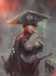 Rule 34 | 1girl, animal, artist name, ashes, bandeau, black bra, black cape, black cat, black hair, black skirt, blood, blood on face, bra, breasts, cape, cat, chinese clothes, cleavage, colored skin, falling leaves, fire, food, fruit, glowing, grey skin, guweiz, hat, highres, holding, holding food, holding fruit, injury, jewelry, katana, large breasts, leaf, looking at viewer, midriff, motion blur, mouth hold, navel, necklace, orange hair, original, outdoors, pearl necklace, rain, scar, see-through, sheath, sheathed, short hair, skirt, smoke, smoking, solo, sword, underwear, unsheathed, water, weapon, wet
