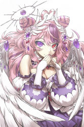 Rule 34 | 1girl, ahoge, angel, angel wings, bare shoulders, breasts, bridal gauntlets, cleavage, closed mouth, collar, detached collar, detached sleeves, double bun, dress, frilled collar, frilled dress, frills, gem, gloves, hair between eyes, hair bun, hair ornament, halo, haraya manawari, heart, heart ahoge, heterochromia, highres, ironmouse, ironmouse (fallen angel), jewelry, large breasts, looking at viewer, multicolored hair, nail polish, official alternate costume, own hands together, pink hair, puffy sleeves, purple dress, purple eyes, purple hair, red eyes, signature, simple background, smile, solo, steepled fingers, two-tone dress, two-tone hair, upper body, virtual youtuber, vshojo, white background, white dress, white gloves, wing armor, wing hair ornament, wings