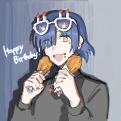 Rule 34 | 1girl, black shirt, blue hair, bocchi the rock!, chicken (food), commentary, earrings, eyes visible through hair, food, food on face, happy birthday, hashtag-only commentary, holding, holding food, jewelry, mole, mole under eye, nininikal, novelty glasses, open mouth, shirt, short hair, solo, stud earrings, upper body, yamada ryo, yellow eyes