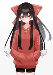 Rule 34 | 1girl, absurdres, alternate costume, bike shorts, black shorts, blush, bow, brown hair, collarbone, gradient background, grey background, hair between eyes, hair bow, hair tubes, hakurei reimu, hands in pocket, highres, long hair, long sleeves, looking at viewer, open mouth, red bow, red eyes, red sweater, shorts, simple background, solo, suikario, sweater, touhou, white background