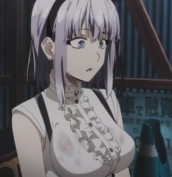 Rule 34 | 1girl, blue eyes, bra, breasts, dagashi kashi, dress, highres, large breasts, open mouth, pink bra, purple hair, screencap, see-through, shidare hotaru, solo, stitched, third-party edit, underwear, wet, wet clothes