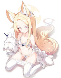 Rule 34 | 1girl, animal, animal ear fluff, animal ears, bird, blonde hair, blue archive, blush, bra, breasts, closed mouth, clothes pull, detached sleeves, extra ears, fox ears, halo, highres, long hair, looking at viewer, navel, panties, pantyhose, pantyhose pull, seia (blue archive), sleeves past fingers, sleeves past wrists, small breasts, solo, striped clothes, striped pantyhose, tatsuhiko, underwear, vertical-striped clothes, vertical-striped pantyhose, white bird, white bra, white panties, white pantyhose, white sleeves, yellow eyes, yellow halo