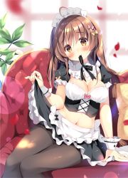 Rule 34 | 1girl, ahoge, apron, black pantyhose, black ribbon, black skirt, blurry, blurry background, blush, bow, breasts, brown bow, brown eyes, brown hair, clothes lift, commentary request, couch, crop top, depth of field, feet out of frame, frilled apron, frilled skirt, frills, hair between eyes, hair bow, head tilt, kokoa-chan (pan (mimi)), large breasts, lifted by self, long hair, maid, maid headdress, midriff, mouth hold, navel, neck ribbon, on couch, original, pan (mimi), pantyhose, petals, pillow, pink bow, puffy short sleeves, puffy sleeves, ribbon, ribbon in mouth, short sleeves, sitting, skirt, skirt lift, smile, solo, swimsuit, thighband pantyhose, waist apron, white apron, wrist cuffs