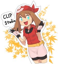 Rule 34 | 1girl, bandana, bike shorts, blue eyes, blush, breasts, brown hair, character cutout, clip studio paint, creatures (company), cropped legs, english text, female focus, game freak, gloves, hands up, happy, hat, highres, leaf, looking to the side, may (pokemon), nintendo, nyonn24, open mouth, outline, poke ball theme, pokemon, pokemon rse, rd shirt, red hat, shirt, short sleeves, simple background, small breasts, smile, solo, standing, text focus, white background, white gloves, zipper pull tab