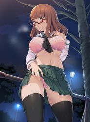 Rule 34 | 10s, 1girl, black thighhighs, blunt bangs, blush, bra, breasts, breasts apart, brown eyes, brown hair, clothes lift, commentary request, flashing, from below, girls und panzer, glasses, gluteal fold, green skirt, highres, icomochi, lamppost, large breasts, lifting own clothes, long hair, long sleeves, looking at viewer, navel, night, ooarai school uniform, outdoors, panties, pink bra, pink panties, pleated skirt, railing, red-framed eyewear, school uniform, semi-rimless eyewear, serafuku, shirt lift, skirt, skirt lift, solo, standing, stomach, takebe saori, thighhighs, tree, under-rim eyewear, underwear, zettai ryouiki