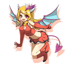 Rule 34 | 1girl, armpits, bare shoulders, blonde hair, blush, boots, breasts, bug, butterfly, butterfly hair ornament, cleavage, cleavage cutout, clothing cutout, crop top, demon girl, demon horns, demon tail, demon wings, drill hair, elbow gloves, flying, full body, gloves, hair ornament, horns, insect, lace, lace-trimmed skirt, lace trim, long hair, looking at viewer, metindone, midriff, navel, open mouth, pointing, purple eyes, puzzle &amp; dragons, red footwear, red gloves, red skirt, sideboob, silhouette, simple background, skirt, smile, solo, succubus (p&amp;d), tail, white background, wings