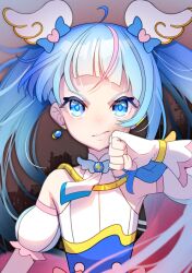 Rule 34 | 1girl, ahoge, blue eyes, blue hair, brooch, cape, clenched hand, cure sky, detached sleeves, earrings, fingerless gloves, gloves, highres, hirogaru sky! precure, jewelry, long hair, magical girl, osarutukamaeru, precure, puffy detached sleeves, puffy sleeves, single earring, single sidelock, solo, sora harewataru, twintails, white gloves, wing brooch, wing hair ornament