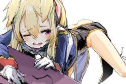 Rule 34 | 1girl, arm support, ass, azur lane, blonde hair, blush, commentary request, crossed bangs, furrowed brow, gloves, hair between eyes, highres, long hair, long sleeves, momo (higanbana and girl), one eye closed, open mouth, pelvic curtain, purple eyes, simple background, sketch, solo, sweat, warspite (azur lane), white background, white gloves