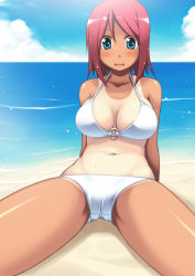 Rule 34 | 1girl, aqua eyes, arm support, beach, bikini, blush, breasts, breasts apart, cameltoe, day, ikujitto, large breasts, leaning back, looking at viewer, ocean, one-piece tan, open mouth, original, outdoors, pink hair, red hair, shiny skin, short hair, sitting, smile, solo, spread legs, swimsuit, tan, tanline, white bikini