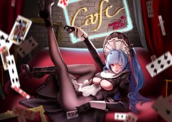 Rule 34 | 1girl, ass, azur lane, banned artist, black dress, black footwear, black gloves, black pantyhose, blue hair, boots, breasts, card, character name, clothing cutout, couch, cross, curtains, dress, full body, gloves, hair ornament, hairclip, half gloves, high heel boots, high heels, large breasts, long hair, looking at viewer, maid headdress, marco polo (azur lane), marco polo (the queen of hearts) (azur lane), neconel, official alternate costume, on couch, one eye closed, pantyhose, platform boots, platform footwear, playing card, red eyes, revision, solo, spade (shape), tongue, tongue out, underboob, underboob cutout