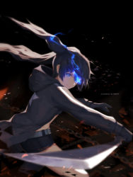 Rule 34 | 1girl, artist name, asymmetrical hair, bagus casbon, belt, black background, black coat, black gloves, black hair, black rock shooter, black rock shooter (character), black shorts, blue eyes, chain, coat, flaming eyes, gloves, hair between eyes, highres, holding, holding sword, holding weapon, hood, long hair, looking at viewer, midriff, short shorts, shorts, solo, star (symbol), star print, sword, twintails, weapon