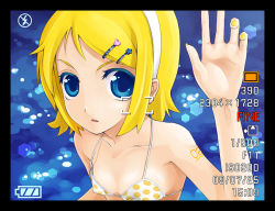 Rule 34 | 1girl, bikini, blonde hair, blue eyes, camcorder, close-up, female focus, hair ornament, hairclip, kagamine rin, mitsunari, project diva, project diva (series), short hair, solo, swimsuit, video camera, viewfinder, vocaloid