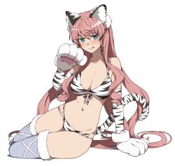 Rule 34 | 1girl, animal ears, animal hands, animal print, bikini, blue thighhighs, blush, breasts, fake animal ears, fake tail, gloves, green eyes, groin, large breasts, long hair, looking at viewer, maria cadenzavna eve, navel, paw gloves, pink hair, senki zesshou symphogear, simple background, solo, swimsuit, tail, thighhighs, tiger ears, tiger print, tiger tail, tongue, tongue out, tsukamoto kensuke, white background