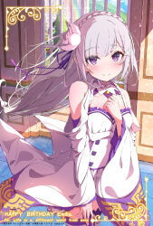 Rule 34 | 1girl, bare shoulders, breasts, closed mouth, commentary request, detached sleeves, dress, emilia (re:zero), floating hair, flower, frills, grey hair, hair flower, hair ornament, hair ribbon, hand on own chest, happy birthday, highres, indoors, long hair, long sleeves, looking at viewer, miniskirt, official art, pleated skirt, pointy ears, purple eyes, purple ribbon, re:zero kara hajimeru isekai seikatsu, ribbon, rose, second-party source, skirt, small breasts, smile, solo, spice mega, thighhighs, white dress, white flower, white rose, white skirt, white thighhighs