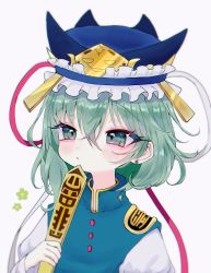 Rule 34 | 1girl, :&lt;, asymmetrical hair, balance scale, blue hat, closed mouth, earrings, epaulettes, frilled hat, frills, green eyes, green hair, hair between eyes, hat, highres, holding, jewelry, looking to the side, renakobonb, rod of remorse, shiki eiki, short hair, simple background, solo, touhou, upper body, weighing scale, white background
