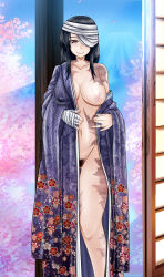 Rule 34 | 1girl, bandage over one eye, bandaged arm, bandages, black hair, blue kimono, breasts, brown eyes, burn scar, collarbone, female pubic hair, floral print, fusou (kancolle), highres, japanese clothes, jewelry, kantai collection, kimono, large breasts, long hair, multiple scars, navel, nipples, print kimono, pubic hair, ring, scar, scar on breasts, scar on leg, scar on neck, scar on stomach, smile, solo, standing, tk (butakuma), undressing, wedding ring