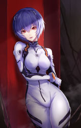 Rule 34 | 1girl, against wall, ayanami rei, blue hair, bodysuit, breasts, close-up, covered navel, cowboy shot, crossed bangs, eyelashes, hair between eyes, hairpods, highres, interface headset, large breasts, looking at viewer, navel, neon genesis evangelion, parted lips, plugsuit, portrait, re (re 09), red eyes, short hair, simple background, solo, white bodysuit
