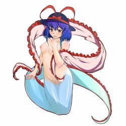 Rule 34 | 1girl, :d, blush, bow, breasts, completely nude, female focus, finger to mouth, fish, frills, hat, hat bow, hat ribbon, kneeling, long tail, looking at viewer, medium breasts, mermaid, mole, mole under mouth, monaka (mentsukidou), monster girl, nagae iku, navel, nipples, no bra, nude, oarfish, open mouth, purple hair, red eyes, ribbon, seductive smile, shawl, shimuro (mentsukidou), short hair, simple background, smile, solo, tail, touhou, white background