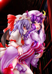 Rule 34 | 2girls, bad id, bad pixiv id, bat wings, blue hair, blush, bookshelf, grabbing another&#039;s breast, breasts, couple, crescent, female focus, grabbing, hat, kemoyuri, library, lilyl0ve, long hair, multiple girls, open mouth, panties, patchouli knowledge, purple eyes, purple hair, red eyes, remilia scarlet, short hair, standing, embodiment of scarlet devil, touhou, underwear, voile, wings, yuri