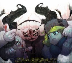 Rule 34 | ahoge, black eyes, blonde hair, blue eyes, blue scarf, bright pupils, comic, commentary, demon girl, english commentary, english text, extra eyes, faure (wafferscotch), fur hat, fur trim, furry, furry female, grabbing, green pupils, hat, horns, horror (theme), mist (wafferscotch), multiple girls, open mouth, original, scarf, sharp teeth, simple background, slit pupils, staring, teeth, trembling, ushanka, wafferscotch, wavy mouth, white eyes, white hair, white pupils, yellow eyes