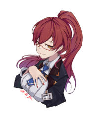 Rule 34 | 1girl, black jacket, closed mouth, hair between eyes, hand on own chest, honkai (series), honkai impact 3rd, id card, jacket, long hair, long sleeves, looking at viewer, murata himeko, nail polish, necktie, ponytail, q-pra, red hair, red nails, simple background, smile, solo, teacher, white background, yellow eyes