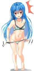 Rule 34 | 1girl, ^^^, barefoot, blue hair, blush, bra, breasts, collarbone, commentary, frown, full body, green bra, green panties, groin, hinanawi tenshi, legs, long hair, looking at viewer, medium breasts, navel, no headwear, open mouth, panties, panty pull, pulled by self, red eyes, shadow, simple background, solo, standing, suzunooto shirasu, sweatdrop, touhou, underwear, white background