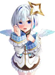 Rule 34 | 1girl, :d, amane kanata, bad id, bad pixiv id, black skirt, blue eyes, blue hair, blue wings, blush, bob cut, cowboy shot, crying, crying with eyes open, feathered wings, frilled skirt, frills, gradient wings, hair between eyes, halo, hands up, highres, hololive, jacket, k mugura, long sleeves, looking at viewer, mini wings, multicolored hair, multicolored wings, open mouth, plaid, silver hair, simple background, single hair intake, skirt, smile, solo, standing, star halo, tears, two-tone hair, virtual youtuber, white background, white jacket, white wings, wide sleeves, wings