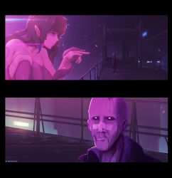 Rule 34 | 1boy, 1girl, 2koma, bald, blade runner, blade runner 2049, blood, blue eyes, catwalk, city, city lights, comic, commentary, commission, commissioner insert, cyberpunk, english commentary, full body, giant, giantess, goslingposting (meme), hologram, holographic woman, injury, monster girl, monster girl encyclopedia, neon palette, night, nosebleed, parody, parted lips, science fiction, scylla, scylla (monster girl encyclopedia), size difference, standing, tentacles, tyrone