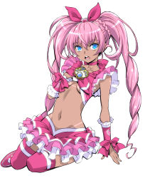 Rule 34 | 1girl, bikini tan, blue eyes, breasts, brooch, choker, cure melody, frilled skirt, frills, hairband, hand under clothes, highres, houjou hibiki, jewelry, long hair, looking to the side, magical girl, midriff, navel, open mouth, pink hair, pink skirt, precure, sena monaco, simple background, skirt, solo, suite precure, tan, tanline, thighhighs, twintails, underboob, white background