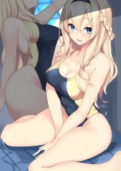 Rule 34 | 1girl, absurdres, artist name, ass, bare shoulders, black headband, blonde hair, blue eyes, blush, braid, breasts, cleavage, collarbone, competition swimsuit, french braid, from side, head out of frame, headband, highres, kantai collection, large breasts, long hair, looking at viewer, multiple views, nebusoku, one-piece swimsuit, parted lips, rei no pool, sideboob, sitting, smile, swimsuit, wariza, warspite (kancolle)