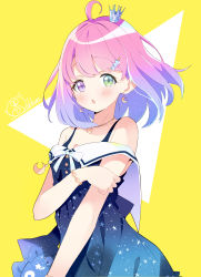 Rule 34 | 1girl, absurdres, ahoge, bare arms, bare shoulders, blue dress, blush, candy hair ornament, collarbone, crescent, crescent earrings, crescent necklace, crown, dress, earrings, food-themed hair ornament, gradient hair, green eyes, hair ornament, hairclip, heterochromia, highres, himemori luna, himemori luna (sundress), hololive, ichijo rei, jewelry, looking at viewer, mini crown, multicolored hair, necklace, off-shoulder dress, off shoulder, parted lips, pink hair, purple eyes, purple hair, short hair, sleeveless, sleeveless dress, solo, star (symbol), star hair ornament, star print, streaked hair, two-tone background, two-tone hair, virtual youtuber, yellow background